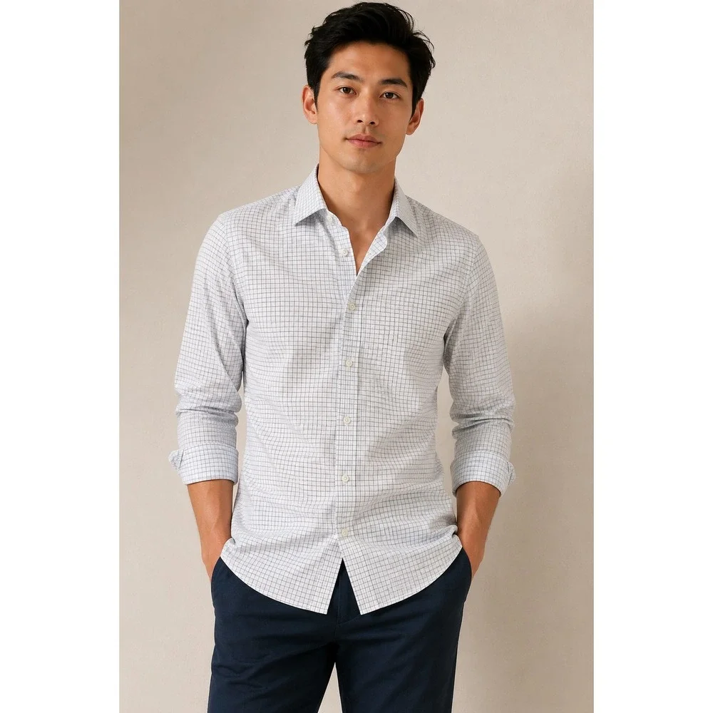 Banana Republic Slim Fit Non-Iron Grid Check Shirt White Men's Medium 15-15.5